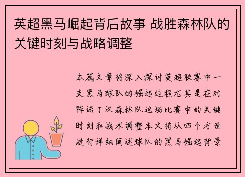 英超黑马崛起背后故事 战胜森林队的关键时刻与战略调整